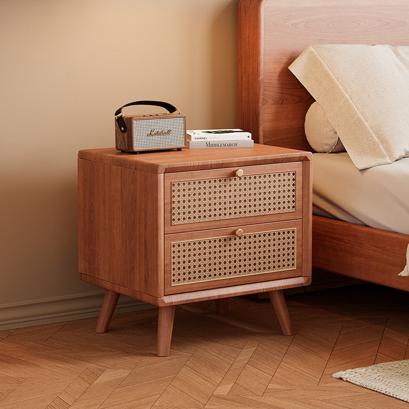 Traditional Chinese Rubberwood Metal Rounded-Square Nightstand With 2 Drawers For Bedroom