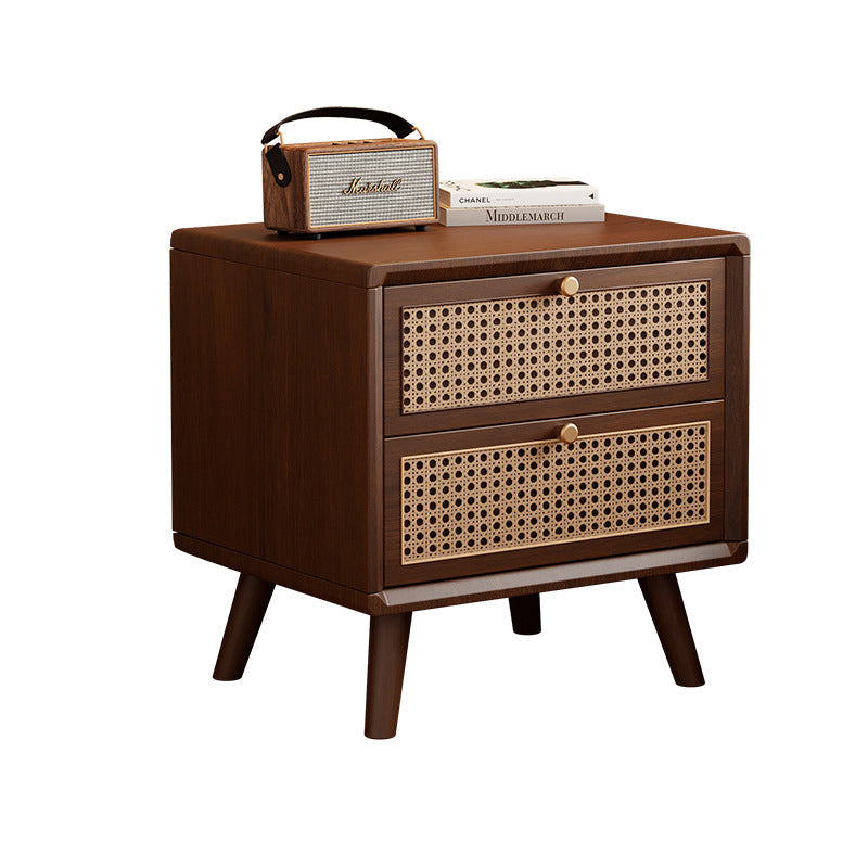 Traditional Chinese Rubberwood Metal Rounded-Square Nightstand With 2 Drawers For Bedroom