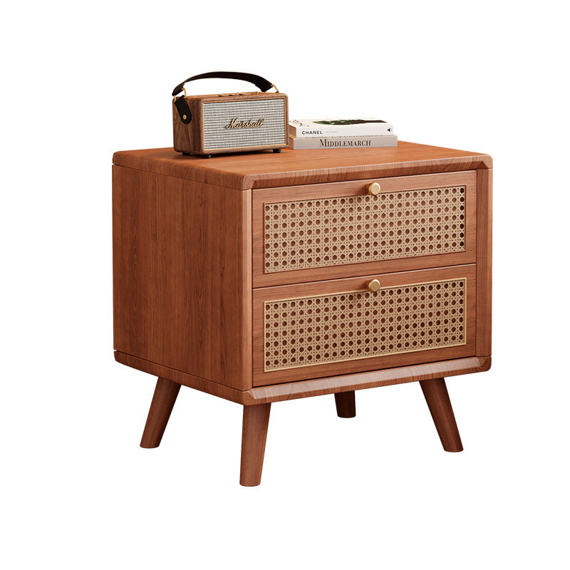 Traditional Chinese Rubberwood Metal Rounded-Square Nightstand With 2 Drawers For Bedroom