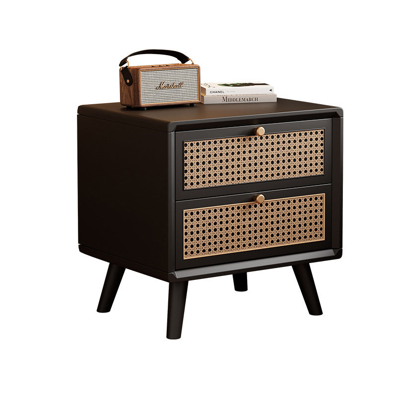 Traditional Chinese Rubberwood Metal Rounded-Square Nightstand With 2 Drawers For Bedroom