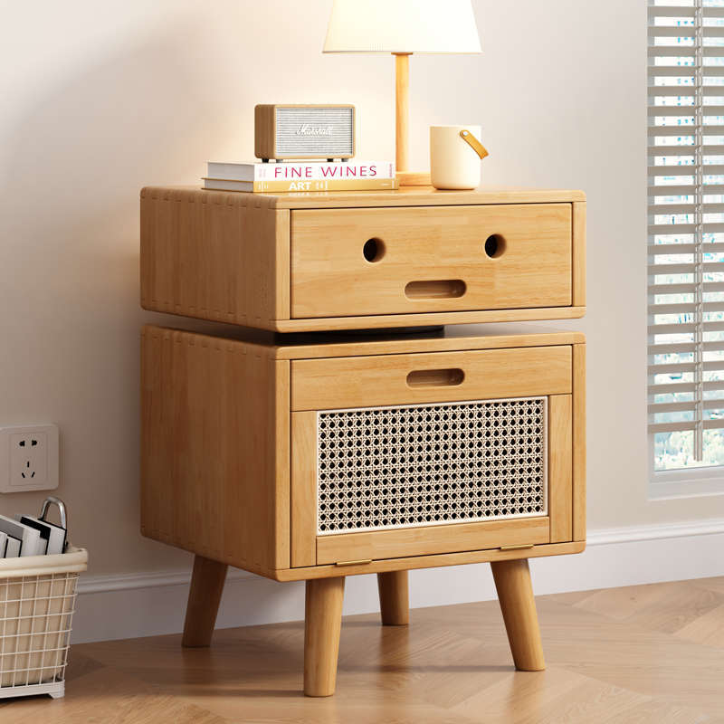 Traditional Chinese Solid Wood Faux Rattan Robot Square Nightstand With 2 Drawers For Bedroom