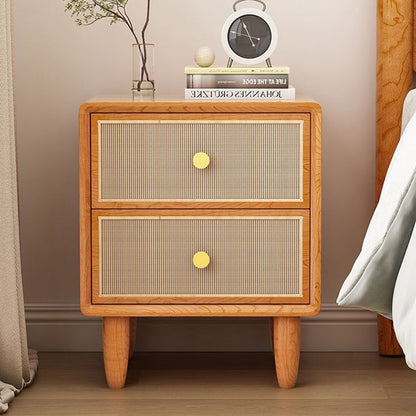 Traditional Chinese Solid Wood & Rattan Rounded Square Nightstand With 2 Drawers For Bedroom