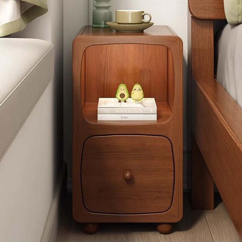 Traditional Vintage Solid Wood & Metal Rectangular Curved Nightstand With 1 Drawer For Bedroom
