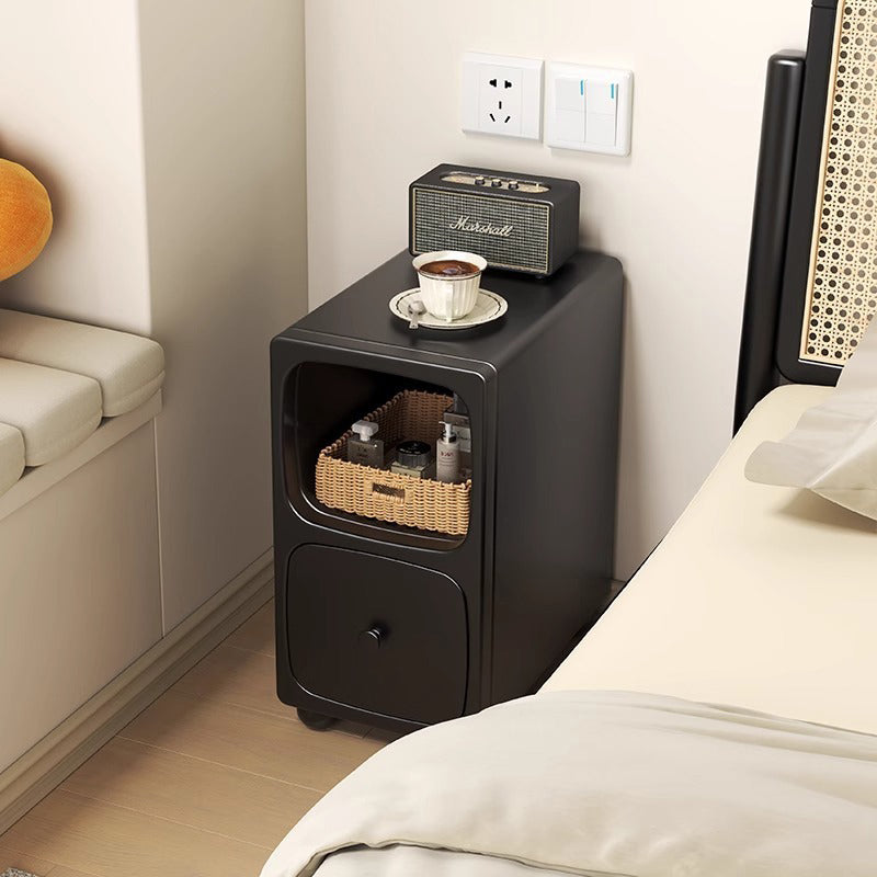 Traditional Vintage Solid Wood & Metal Rectangular Curved Nightstand With 1 Drawer For Bedroom