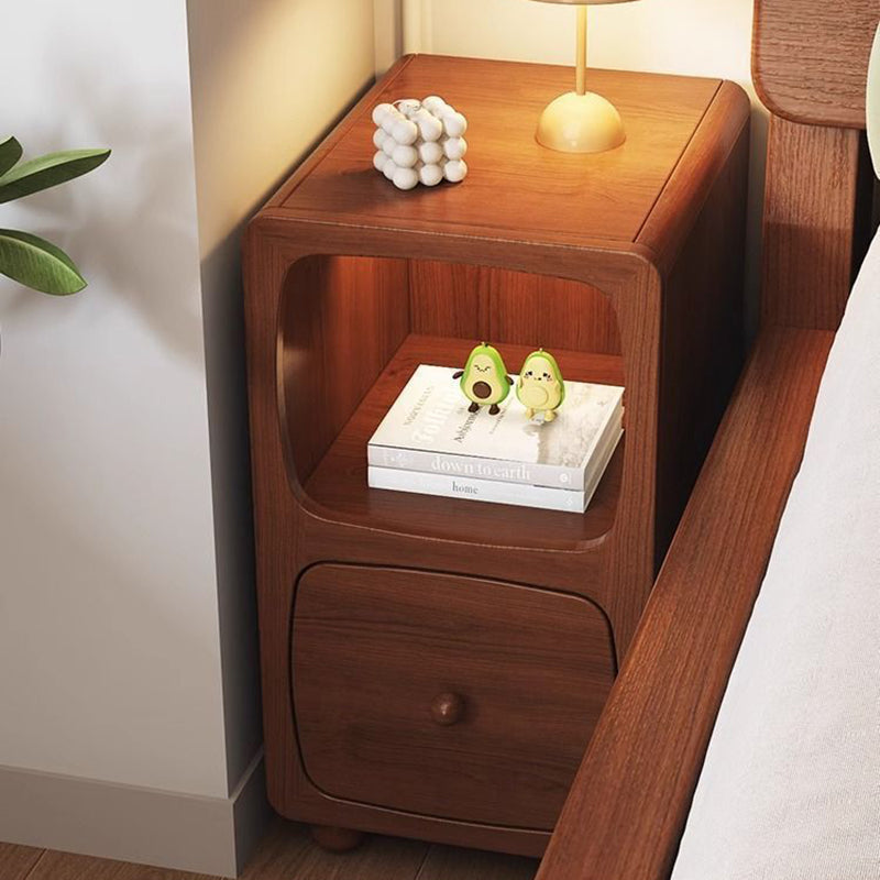 Traditional Vintage Solid Wood & Metal Rectangular Curved Nightstand With 1 Drawer For Bedroom