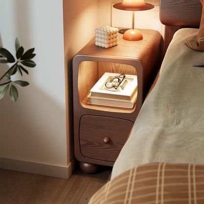 Traditional Vintage Solid Wood & Metal Rectangular Curved Nightstand With 1 Drawer For Bedroom