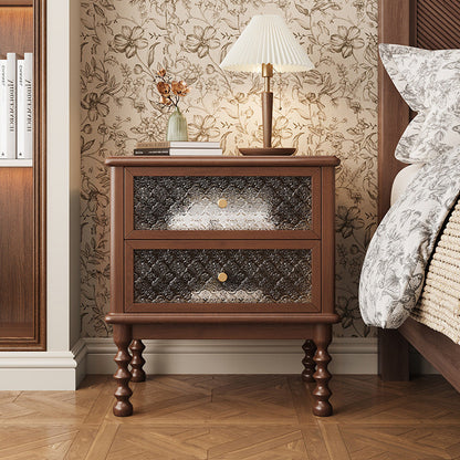 Traditional Vintage Solid Wood Glass Metal Patterned Square Nightstand With 2 Drawers For Bedroom