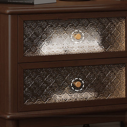 Traditional Vintage Solid Wood Glass Metal Patterned Square Nightstand With 2 Drawers For Bedroom