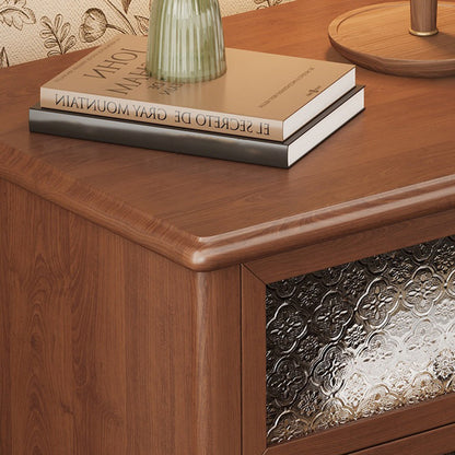 Traditional Vintage Solid Wood Glass Metal Patterned Square Nightstand With 2 Drawers For Bedroom