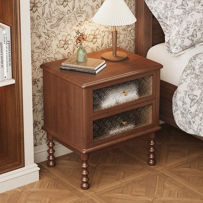 Traditional Vintage Solid Wood Glass Metal Patterned Square Nightstand With 2 Drawers For Bedroom