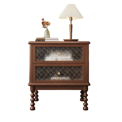 Traditional Vintage Solid Wood Glass Metal Patterned Square Nightstand With 2 Drawers For Bedroom