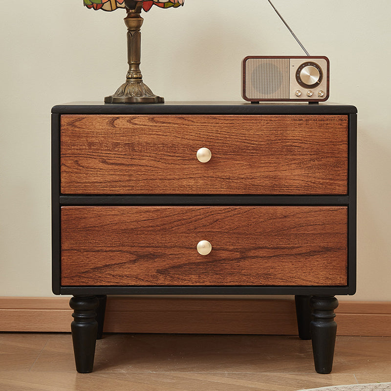 Traditional French Red Oak Round Square Nightstand With 2 Drawers For Bedroom