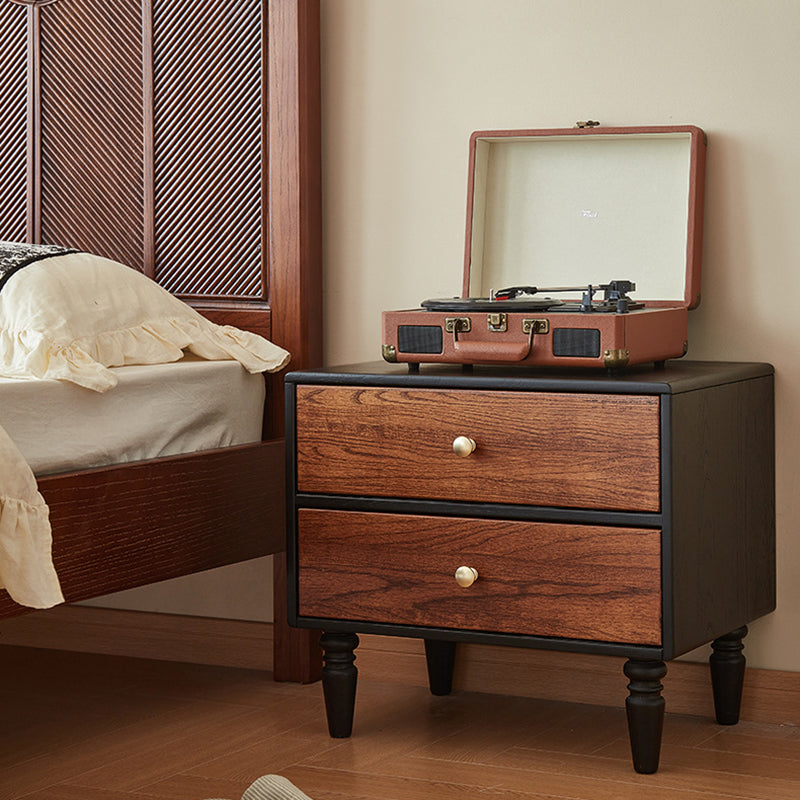 Traditional French Red Oak Round Square Nightstand With 2 Drawers For Bedroom