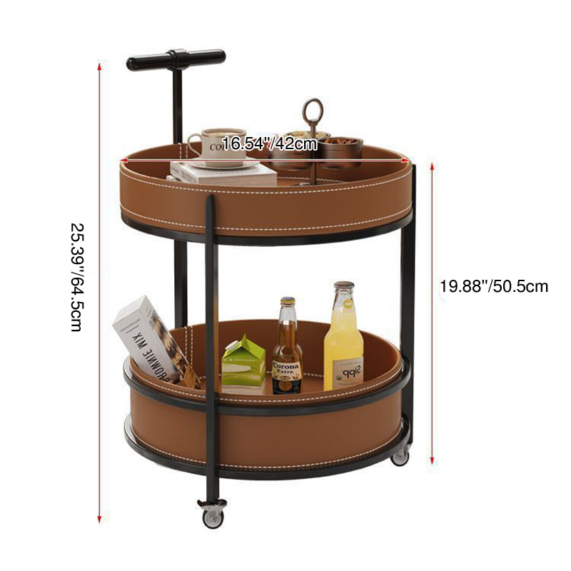 Traditional French Saddle Leather & Carbon Steel Round Mobile Side Table With 2 Tiers For Living Room