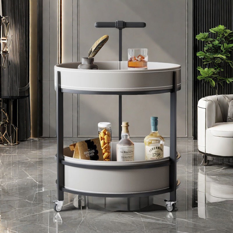 Traditional French Saddle Leather & Carbon Steel Round Mobile Side Table With 2 Tiers For Living Room