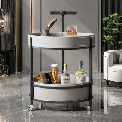 Traditional French Saddle Leather & Carbon Steel Round Mobile Side Table With 2 Tiers For Living Room