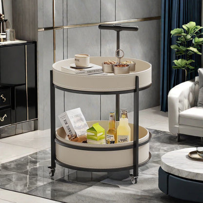 Traditional French Saddle Leather & Carbon Steel Round Mobile Side Table With 2 Tiers For Living Room