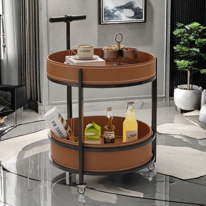 Traditional French Saddle Leather & Carbon Steel Round Mobile Side Table With 2 Tiers For Living Room