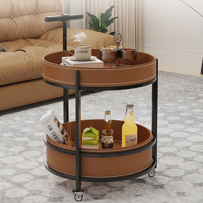 Traditional French Saddle Leather & Carbon Steel Round Mobile Side Table With 2 Tiers For Living Room