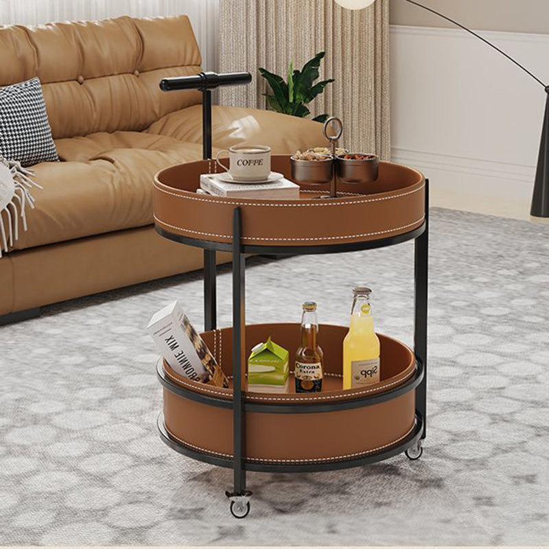 Traditional French Saddle Leather & Carbon Steel Round Mobile Side Table With 2 Tiers For Living Room