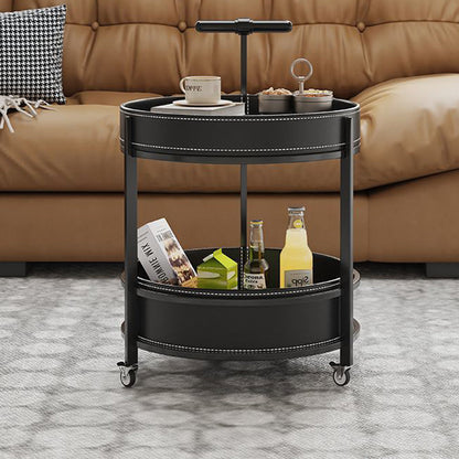 Traditional French Saddle Leather & Carbon Steel Round Mobile Side Table With 2 Tiers For Living Room