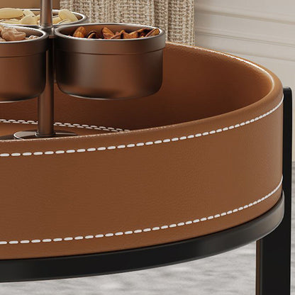Traditional French Saddle Leather & Carbon Steel Round Mobile Side Table With 2 Tiers For Living Room