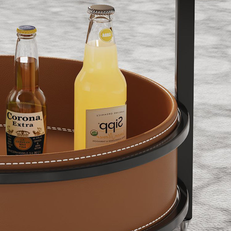 Traditional French Saddle Leather & Carbon Steel Round Mobile Side Table With 2 Tiers For Living Room