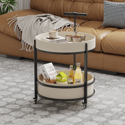 Traditional French Saddle Leather & Carbon Steel Round Mobile Side Table With 2 Tiers For Living Room