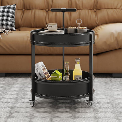 Traditional French Saddle Leather & Carbon Steel Round Mobile Side Table With 2 Tiers For Living Room