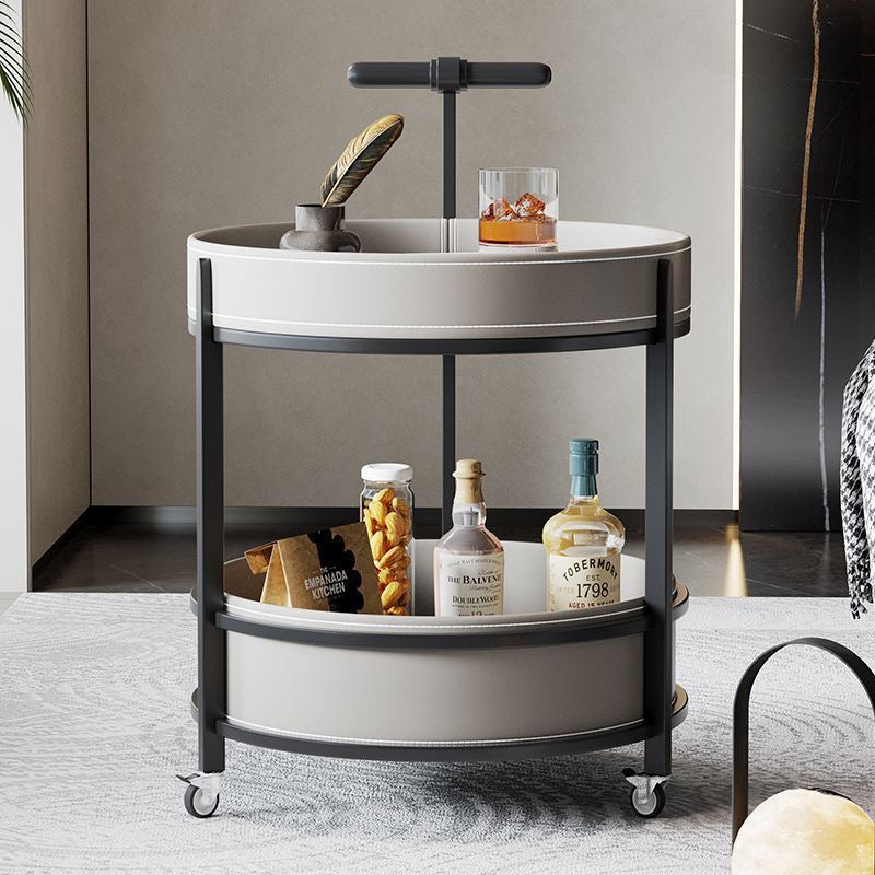 Traditional French Saddle Leather & Carbon Steel Round Mobile Side Table With 2 Tiers For Living Room