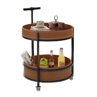 Traditional French Saddle Leather & Carbon Steel Round Mobile Side Table With 2 Tiers For Living Room