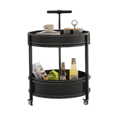Traditional French Saddle Leather & Carbon Steel Round Mobile Side Table With 2 Tiers For Living Room