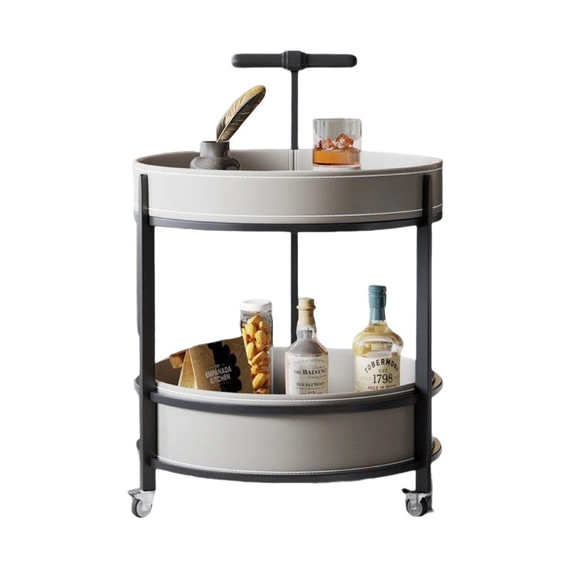 Traditional French Saddle Leather & Carbon Steel Round Mobile Side Table With 2 Tiers For Living Room