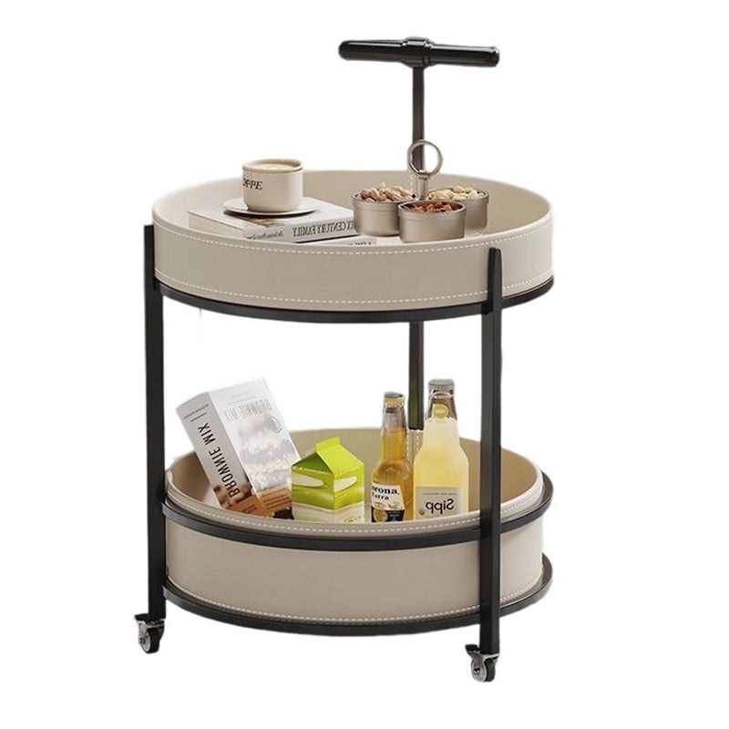 Traditional French Saddle Leather & Carbon Steel Round Mobile Side Table With 2 Tiers For Living Room