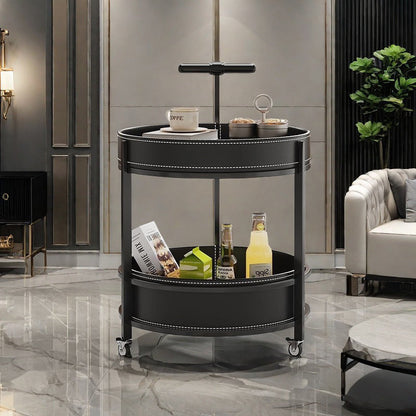 Traditional French Saddle Leather & Carbon Steel Round Mobile Side Table With 2 Tiers For Living Room
