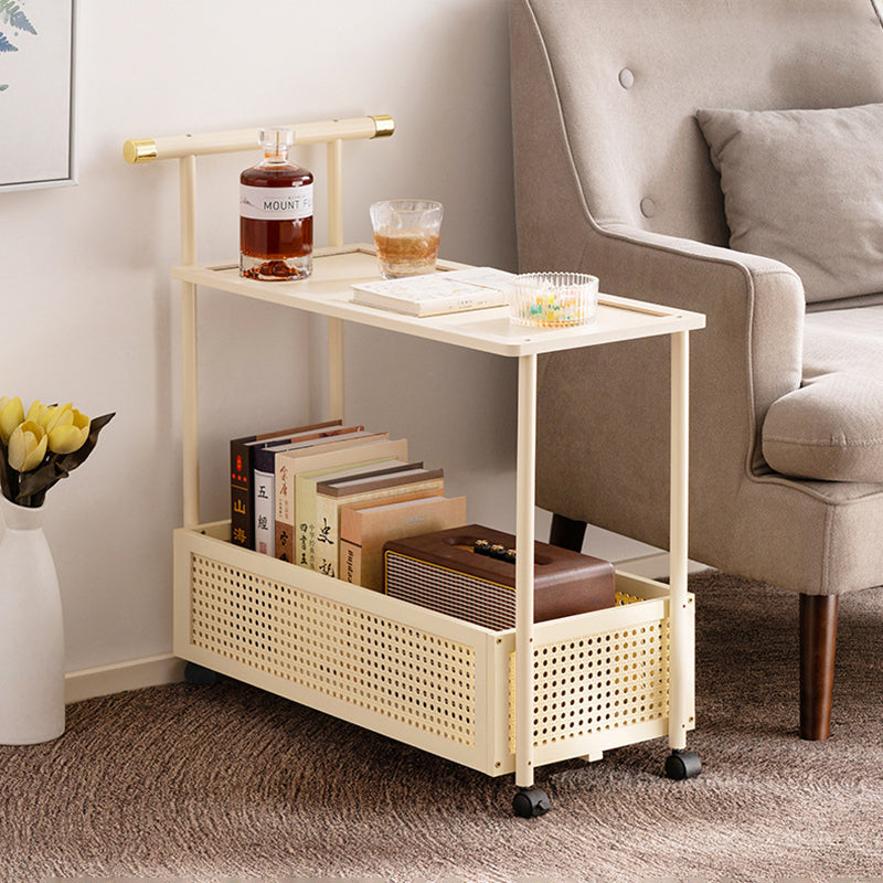 Traditional Vintage Bamboo Faux Rattan Cylindrical Rectangular Mobile Side Table With 2 Tiers For Living Room
