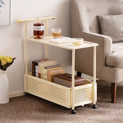 Traditional Vintage Bamboo Faux Rattan Cylindrical Rectangular Mobile Side Table With 2 Tiers For Living Room