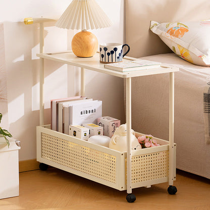 Traditional Vintage Bamboo Faux Rattan Cylindrical Rectangular Mobile Side Table With 2 Tiers For Living Room