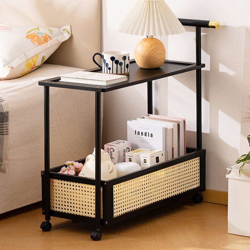 Traditional Vintage Bamboo Faux Rattan Cylindrical Rectangular Mobile Side Table With 2 Tiers For Living Room