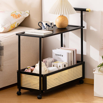 Traditional Vintage Bamboo Faux Rattan Cylindrical Rectangular Mobile Side Table With 2 Tiers For Living Room