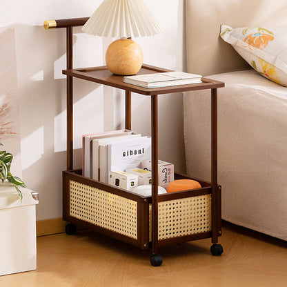 Traditional Vintage Bamboo Faux Rattan Cylindrical Rectangular Mobile Side Table With 2 Tiers For Living Room