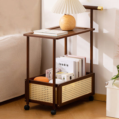 Traditional Vintage Bamboo Faux Rattan Cylindrical Rectangular Mobile Side Table With 2 Tiers For Living Room