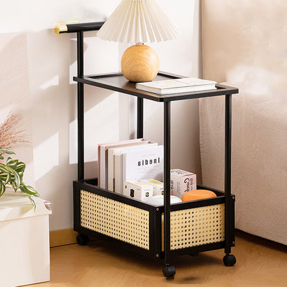 Traditional Vintage Bamboo Faux Rattan Cylindrical Rectangular Mobile Side Table With 2 Tiers For Living Room