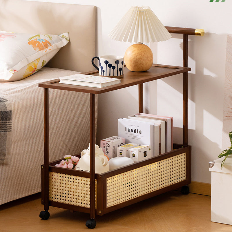 Traditional Vintage Bamboo Faux Rattan Cylindrical Rectangular Mobile Side Table With 2 Tiers For Living Room