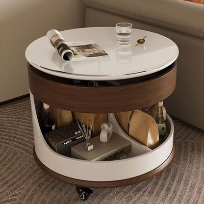 Contemporary Scandinavian Sintered Stone Engineered Wood Metal Movable Round Curved Coffee Table 3-Tier For Living Room