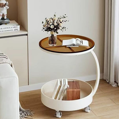Contemporary Creative Glass MDF Iron Movable Round Side Table 2-Tier For Living Room
