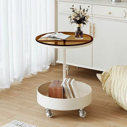 Contemporary Creative Glass MDF Iron Movable Round Side Table 2-Tier For Living Room
