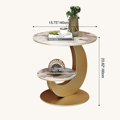 Modern Luxury Sintered Stone Engineered Wood Metal Round Curved Coffee Table 2-Tier For Living Room