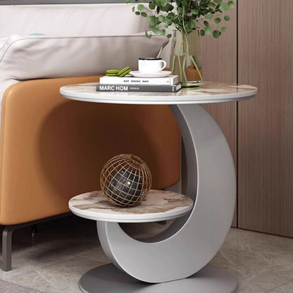 Modern Luxury Sintered Stone Engineered Wood Metal Round Curved Coffee Table 2-Tier For Living Room