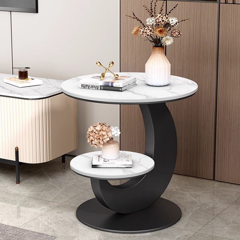 Modern Luxury Sintered Stone Engineered Wood Metal Round Curved Coffee Table 2-Tier For Living Room